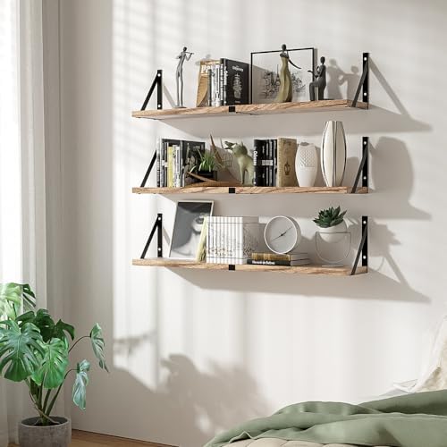 Floating Book Shelves Set of 3, Wall Bookshelf, 33 inch Long Wood Shelf for Wall Storage, Hanging Shelving for Bedroom, 