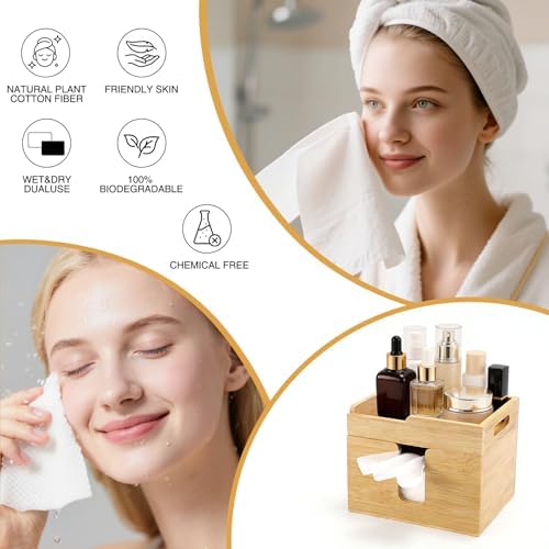 Disposable Facial Towel Holder with 120 XL Towels, Bamboo Organizer