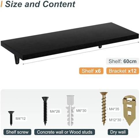 SKYSEN Floating Shelves for Wall Set of 6, 23.6in Wood Wall Shelf for Decor, Bathroom, Bedroom, Storage, Book,Kitchen, L