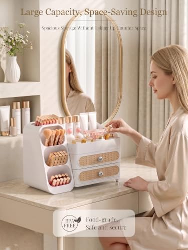 Booklov Large Makeup Organizer for Vanity Countertop, White