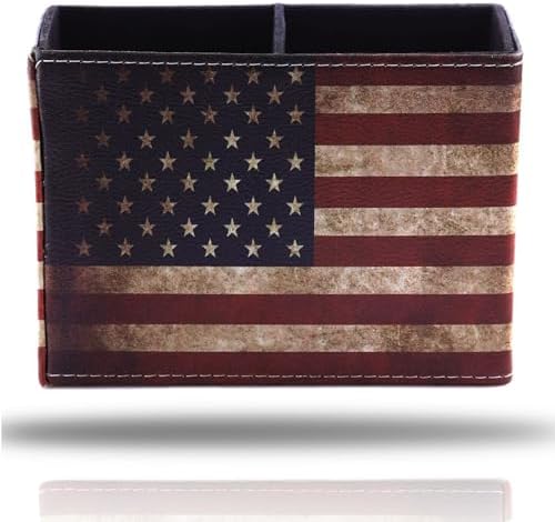 American Flag Desk Organizer, PU Leather Retro Vintage Cool Supplies, Patriotic Decor Pen Pencil Holder Office Home Accessories (USA Flag)