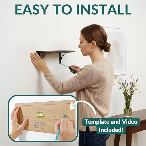 Willowy Reinforced Steel Bracket Rustic Brown Shelves - Easy to Install, Template and Video Included - Deep Large Wall S