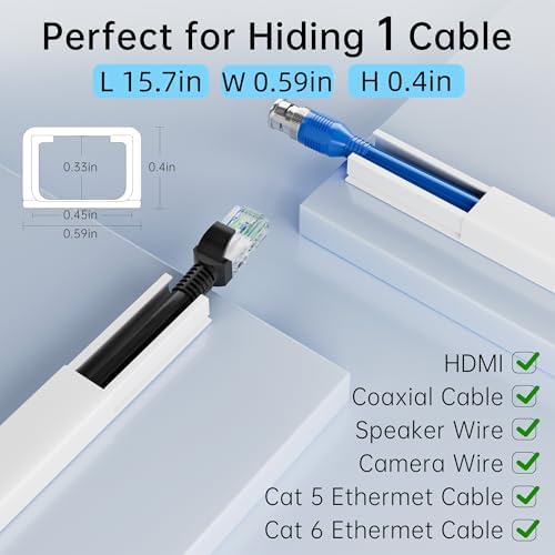 Yecaye 283in Cord Hider, PVC Wire Covers for Cord on Wall, W0.59in H0.4in