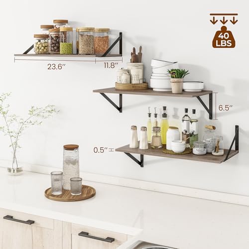 Heimlove 24W x 12D Deep Floating Shelves Set of 3 Grey