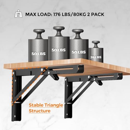 Ravinte Matte Black Folding Shelf Brackets, 12 Inch, 4 Pack