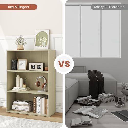 Wood Standing Book Shelf, Three Tier Open Shelf Bookcase, Wide Bookshelf for Living Room, Office, Bedroom, Milky White