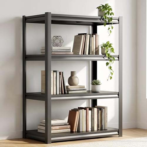 4 Tier Metal Bookshelf, Industrial Bookcase with Sturdy Steel Frame & Office Shelves, 1200LBS Display Shelving, Adjustab
