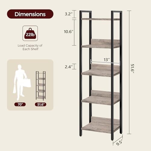 MAHANCRIS 5-Tier Bookshelf, Bookcase, Shelves Organizer for Small Spaces, Storage Shelf Organizer, for Living Room, Bedr