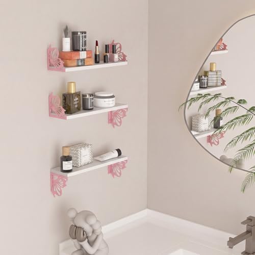 Hoikwo 3 Pack White Pink Butterfly Wall Shelves