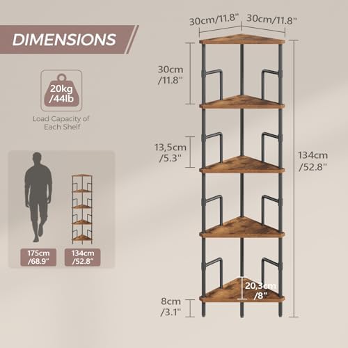 MAHANCRIS 5-Tier Corner Shelf, 52.8" Tall Corner Bookshelf with Metal Frame, Narrow Display Shelf Stand, Industrial Corn