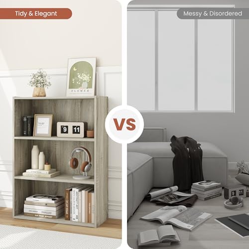 Wood Modern Bookshelf with 3 Display Shelves, Three-Tier Wooden Standing Bookcase, Bookshelf with Rustic Wood Shelves fo