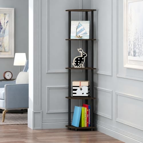 Furinno Turn-N-Tube Toolless Assembly Corner Shelf, 5-Tier Brown Corner Bookshelf, Open Storage Shelves, for Organizatio