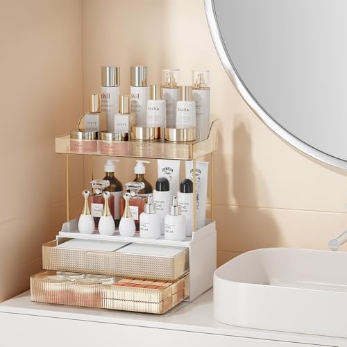 Bathroom Counter Organizer with 2-Drawer, 3 Tier Makeup Organizer Countertop, Multi-Purpose Makeup Skin Care Organizer f
