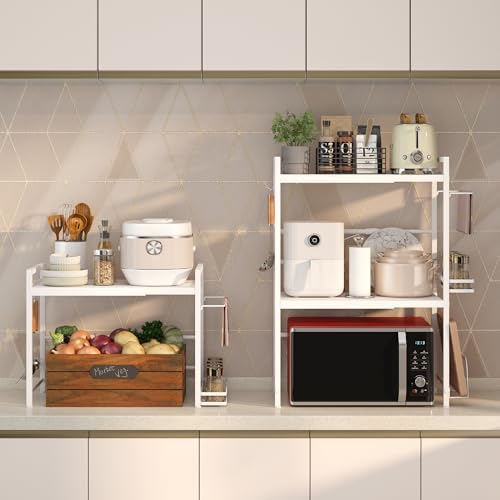 Expandable Microwave Stand Kitchen Countertop Organizer With Storage, White