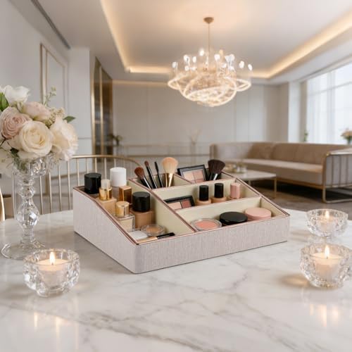 PU Leather Makeup Organizer Tray,Large Vanity Organizer,Cosmetic Storage Box for Lipstick Brushes Skincare Perfume,Cosme