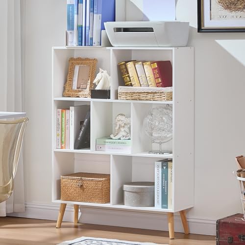 LEYAOYAO Cube Bookshelf, Mid-Century Modern Book Shelf with Legs, White