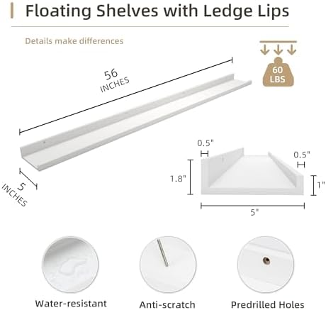 Acovy Picture Ledge Shelf, Wood Long Floating Shelves for Wall, Set of 2, 56 inch Picture Ledge Shelves, Photo Ledge Nursery Book Shelves Wall Mounted for Living Room Kids' Room Bedroom, Color White