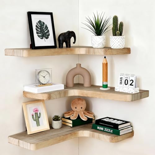 Floating Corner Shelves, Wall Shelf Set of 3, Shelves for Wall Storage, Solid Wood Shelves for Storage, Wall Mount Woode