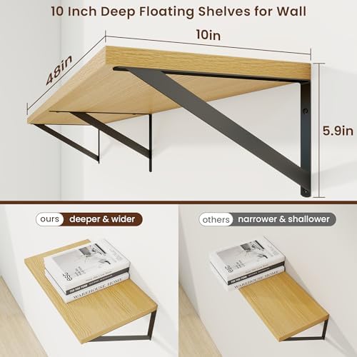 Axeman Deep Floating Shelves, 48'' x 10'' Oak Wall Shelves Set of 2