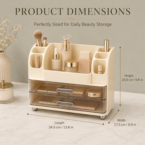 ROOM127 Makeup Organizer for Vanity with 2 Clear Drawers and Brush Holders