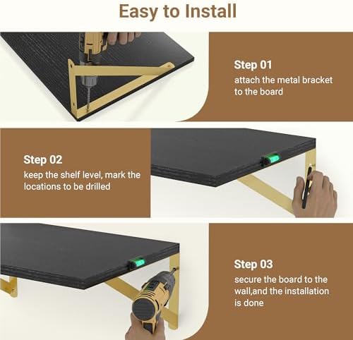Heimlove 12 Inch Deep Black Floating Shelves，Wood Wall Shelves 16" W x 12" D Set of 2,Wall Mounted Shelves for Living Room, Bedroom, Kitchen, Bathroom,Closet and Decor Storage，Gold Bracket