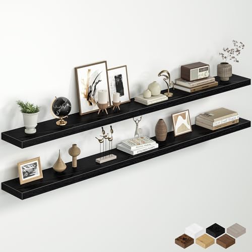 72 Inch Floating Shelves for Wall, Rustic Wood Wall Mounted Deep Storage Shelves with Invisible Brackets, Panoramic Deco