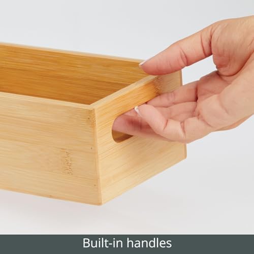 mDesign Set of 2 Kitchen Storage Box – Open-Top Bamboo Storage Tray with Handles – Ideal for Use as a Cupboard Organiser