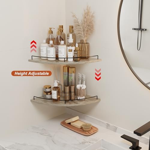 JJL Corner Shelf Wall Mounted, 12 Inches 2-Tier Floating Corner Shelf, Fan-Shaped Rustic Wood Decor with Fence, Gray Woo