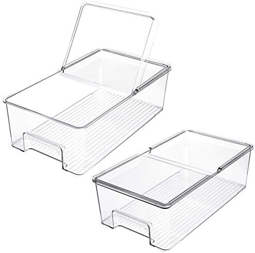 SANNO Vegetable Refrigerator Organizer Food Bins with lids Large Stackable Fridge Clear Organizers Kitchen Cabinet Organ