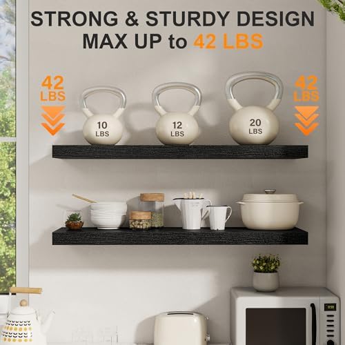 Fun Memories 40 Inch Floating Shelves Set of 2, 8 Inch Deep Wall Shelf, Rustic Wood Storage Shelves for Bedroom, Kitchen