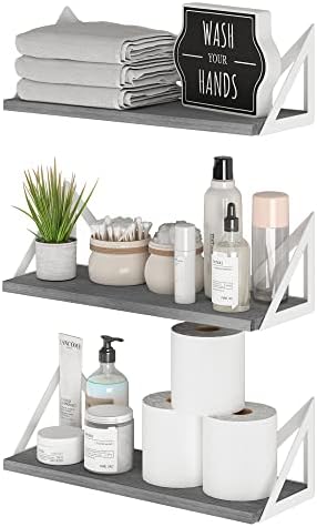 Wallniture Minori Gray Floating Shelves for Wall, Bathroom Shelves Over the Toilet Storage, Wood Wall Shelf for Bedroom, Living Room, Kitchen, Set of 3