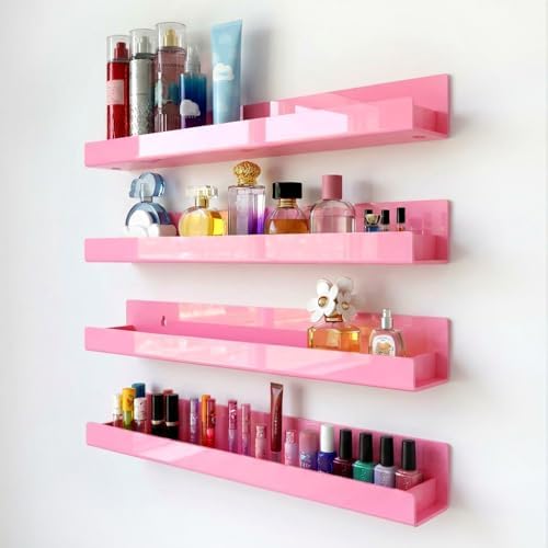 4 Pack 15 Inch Pink Acrylic Floating Wall Shelves, Kids Bookshelf