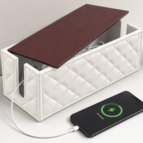 Premium Cable Management Box | Leather Cord Organizer Box with Lid | White