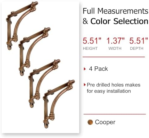 NACH Decorative Shelf Brackets, 4 Pack of 5.5 x 1.2 x 5.5 inch Copper Cast Iron Shelf Brackets - Decorative Brackets for