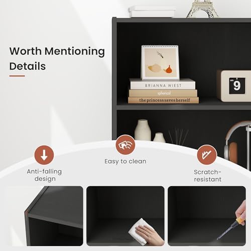3 Tier Engineered Wood Modern Bookshelf, Wide Bookshelf with Three Wooden Shelves, Storage Book Shelves for Bedroom, Liv