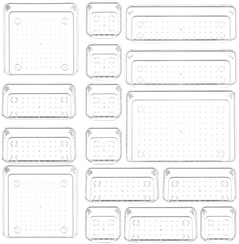 16 PCS Clear Drawer Organizers Set, 5 Varied Size Bathroom and Kitchen Drawer Cabinet Organizer Trays, Clear Plastic Des