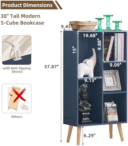 LEYAOYAO 5 Cube Bookshelf,Mid-Century Modern Book Shelf with Legs,Dark Blue