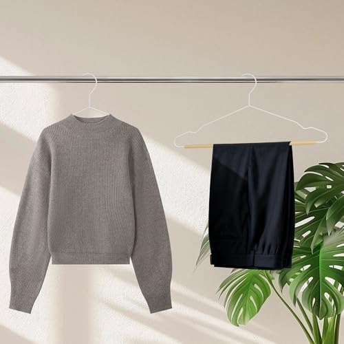Wire Metal Hangers with Smooth Beech Wood Pants Bar, White, 24-Pack