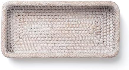 Rattan Bathroom Vanity Trays Toilet Tank Baskets Long Narrow Hand Towel Storage Basket for Storage, Decorative (Whitewas