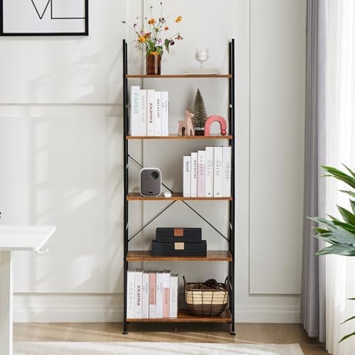 Book Shelf, 5-Tier Tall Bookcase, Bookshelf with Steel Frame, Modern Industrial Display Shelves, Corner Storage Organize