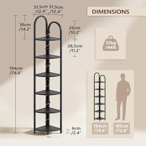 MAHANCRIS 6 Tier Corner Shelf with LED Light, 74.6'' Tall Corner Bookshelf Stand, Narrow Display Bookcase with Storage R