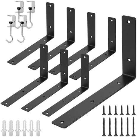 L Floating Shelf Brackets,8 Pack Heavy Duty L Brackets for Shelves, L 10" X H 6" Black Metal Countertop Support Brackets