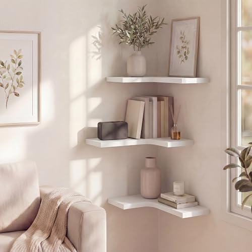 Corner Floating Shelves for Wall Mounted L-Shaped Wood Corner Wall Shelf, Hanging Shelf for Bathroom, Bedroom, Kitchen, 