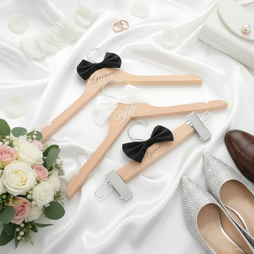 Beeveer 3 Pcs Groom and Bride Wooden Hanger with Clips, Bow,Wood Color