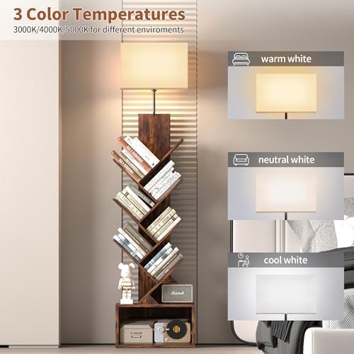 3-Tier Tree Bookshelf with 3-Color LED Lights, Small Narrow Tall Floor Standing Bookcase with Storage Organizer, Rustic 