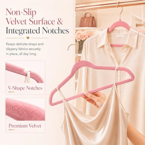 Smartor Pink Velvet Hangers 50 Pack, Non Slip Rose Gold Hook Felt Hangers