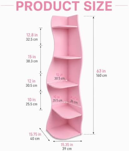 HRVEOCEI 5-Tier Wavy Corner Shelf with Curvy Shape for Small Space, Pink