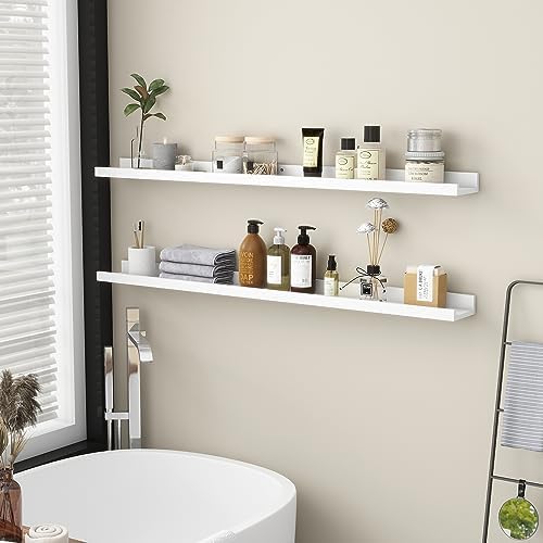 FLYJOE Picture Ledge Shelf, Floating Shelves Set of 2, Solid Ash Wood 48'' Long Large Nursery Book Shelves for Toys Storage, Kids Bookshelf for Living Room Bedroom Decor Books Photo Frames, White