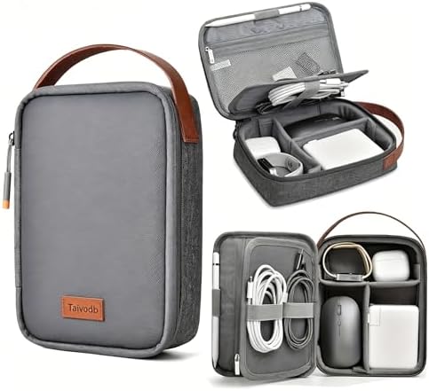 Tech Pouch 8.3" Cable Organizer, Leather Handle, EDC Bag for Travel & Cords