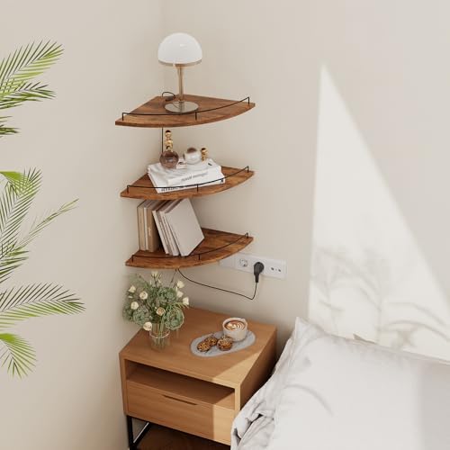 JJL Corner Shelf Wall Mounted, 12 Inches 3-Tier Floating Corner Shelf, Fan-Shaped Rustic Wood Decor with Fence, Brown St
